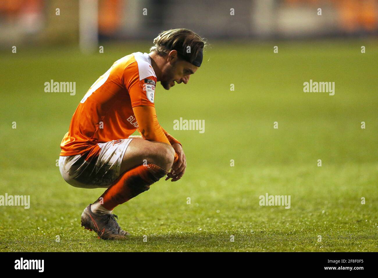 Blackpool, UK. April 13 2021: Blackpool Luke Garbutt reacts after the full time whistle. Credit: Anthony Devlin/Alamy Live News Stock Photo