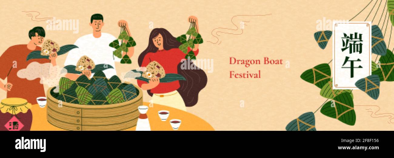 People take traditional food rice dumpling from bamboo steamer and drink realgar wine to celebrate Dragon Boat Festival. Duanwu holiday written in Chi Stock Vector