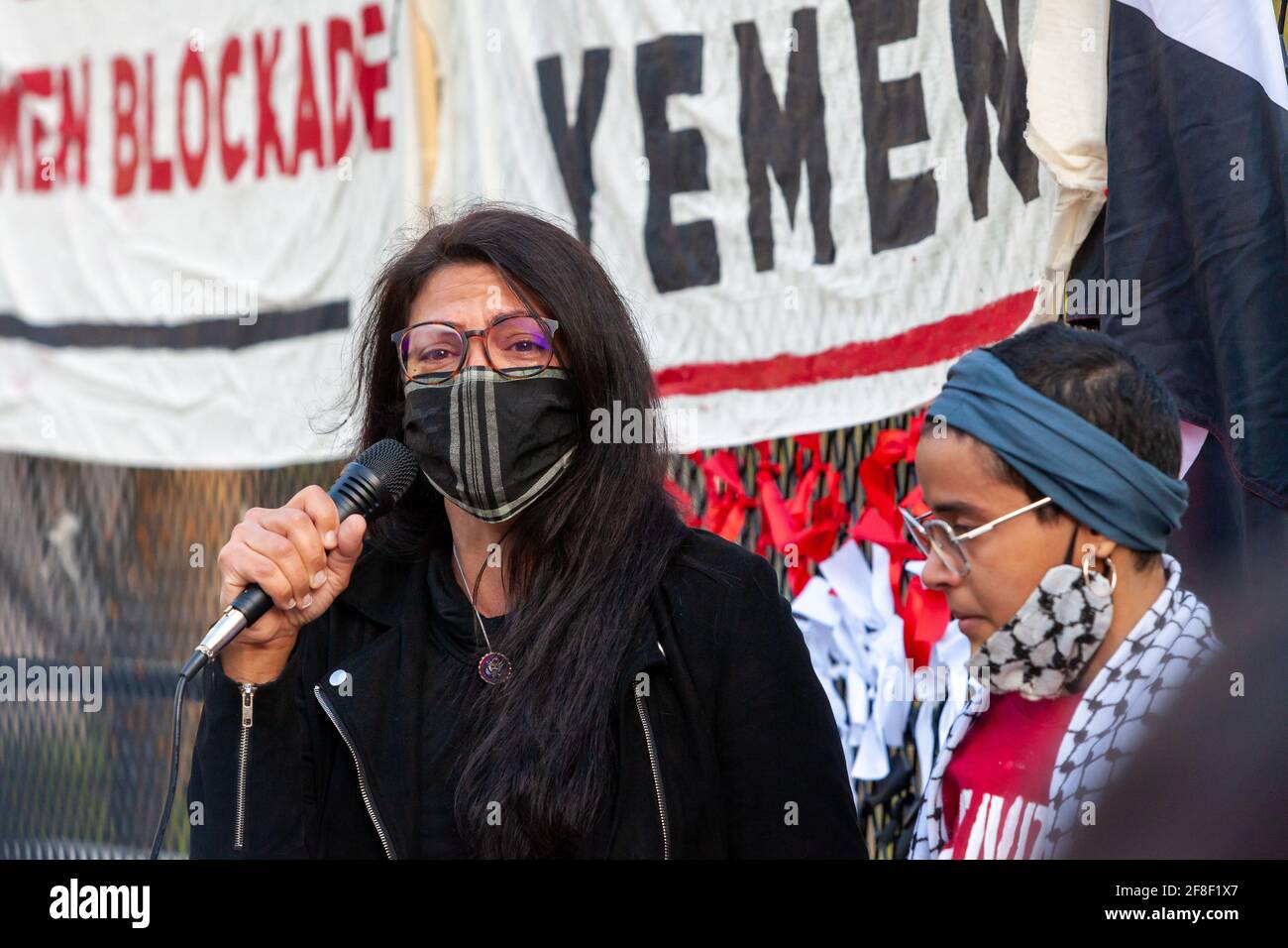 Washington, USA. 13th Apr, 2021. Representative Rashida Tlaib speaks at a vigil in memory of the victims of the war in Yemen, and in support of a 17-day hunger strike by women asking President Biden to end the fuel blockade. Credit: Allison Bailey/Alamy Live News Stock Photo