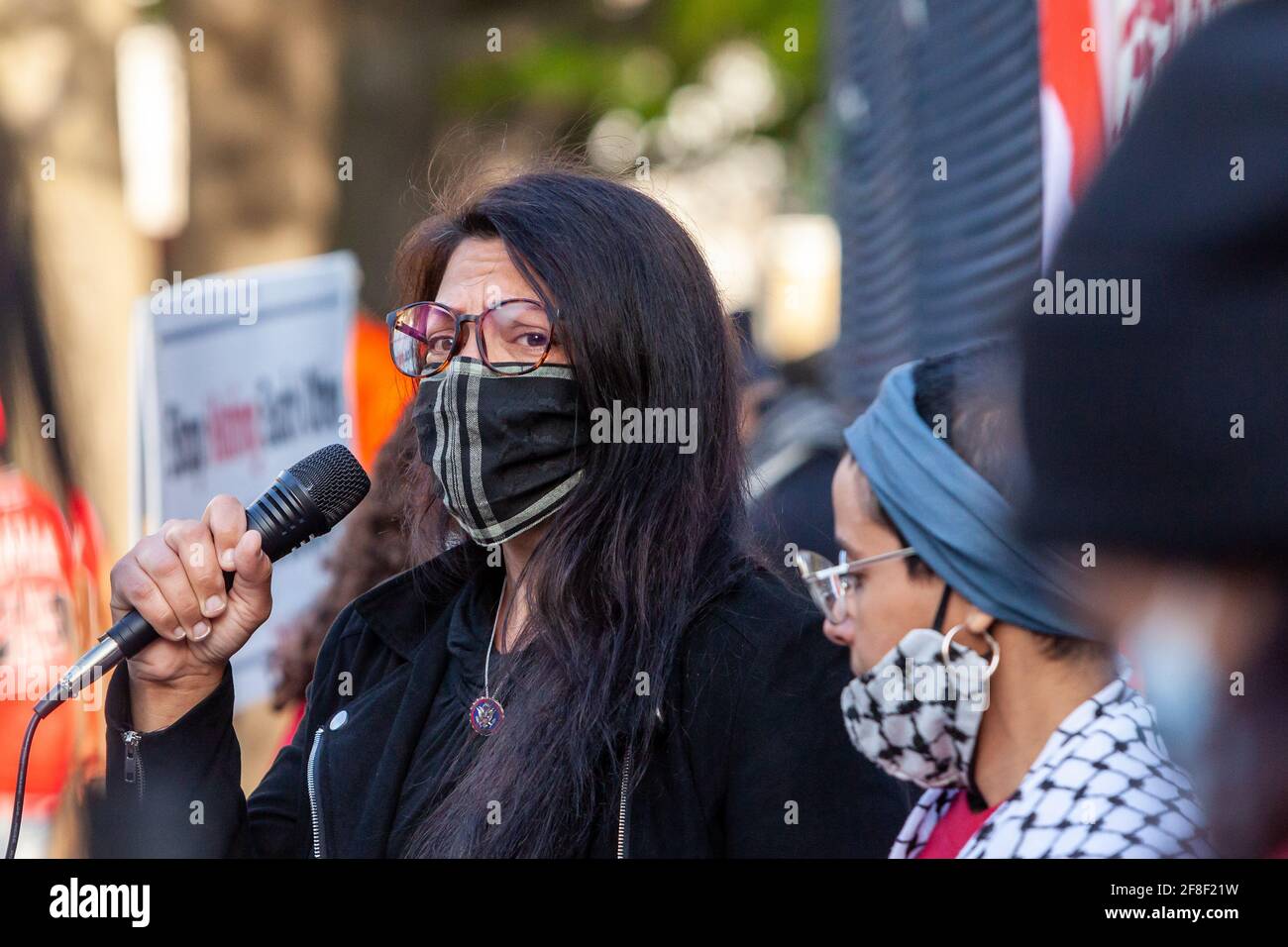 Washington, USA. 13th Apr, 2021. Representative Rashida Tlaib speaks at a vigil in memory of the victims of the war in Yemen, and in support of a 17-day hunger strike by two women (one pictured) asking President Biden to end the fuel blockade. Credit: Allison Bailey/Alamy Live News Stock Photo