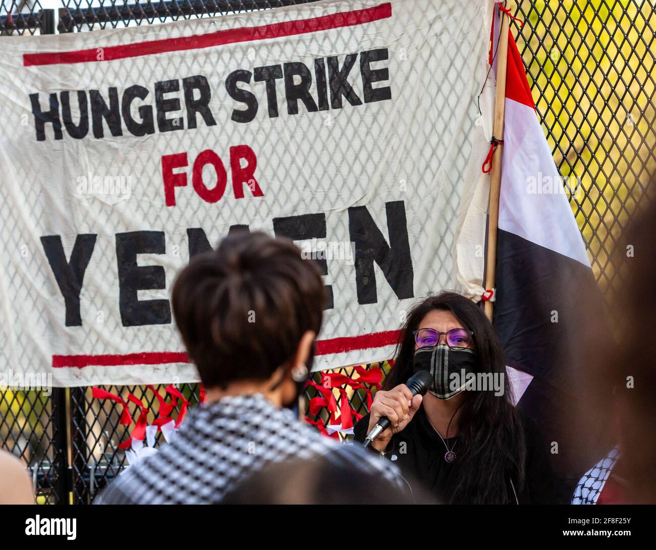 Washington, USA. 13th Apr, 2021. Representative Rashida Tlaib speaks at a vigil in memory of the victims of the war in Yemen, and in support of a 17-day hunger strike by women asking President Biden to end the fuel blockade. Credit: Allison Bailey/Alamy Live News Stock Photo