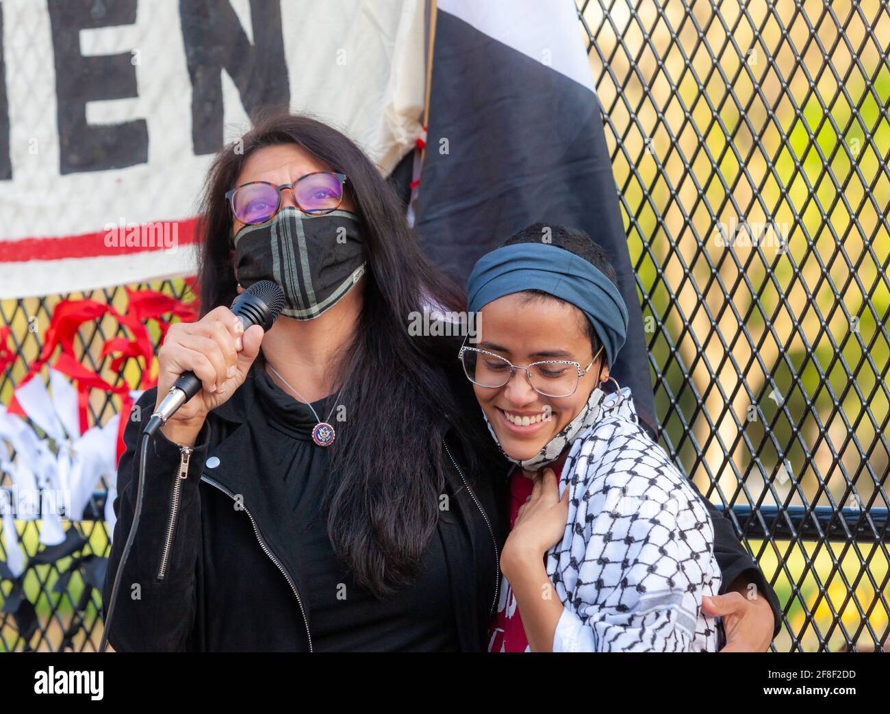 Washington, USA. 13th Apr, 2021. Representative Rashida Tlaib speaks at a vigil in memory of the victims of the war in Yemen, and in support of a 17-day hunger strike by two women (one pictured) asking President Biden to end the fuel blockade. Credit: Allison Bailey/Alamy Live News Stock Photo