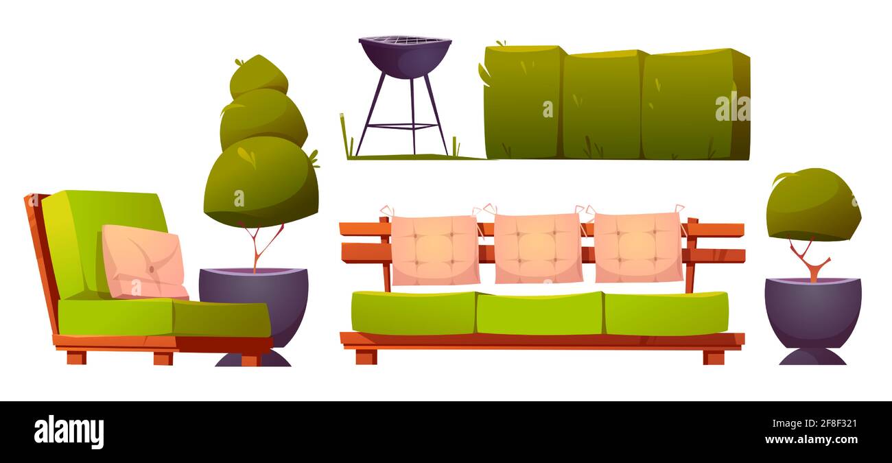 Furniture for backyard or patio with cooking grill for bbq. Barbeque party on back yard or terrace. Vector cartoon set of garden hedge, green trees, sofa and armchair isolated on white background Stock Vector