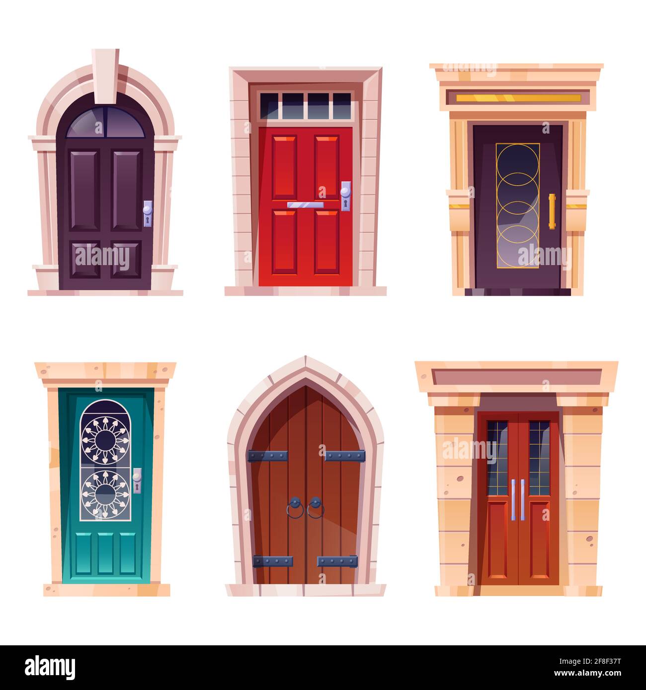 Wooden doors, medieval and modern style entries with stone doorjambs, metal handles and slot for mail. Architecture objects, cottage or castle exterior design elements, Cartoon vector illustration set Stock Vector