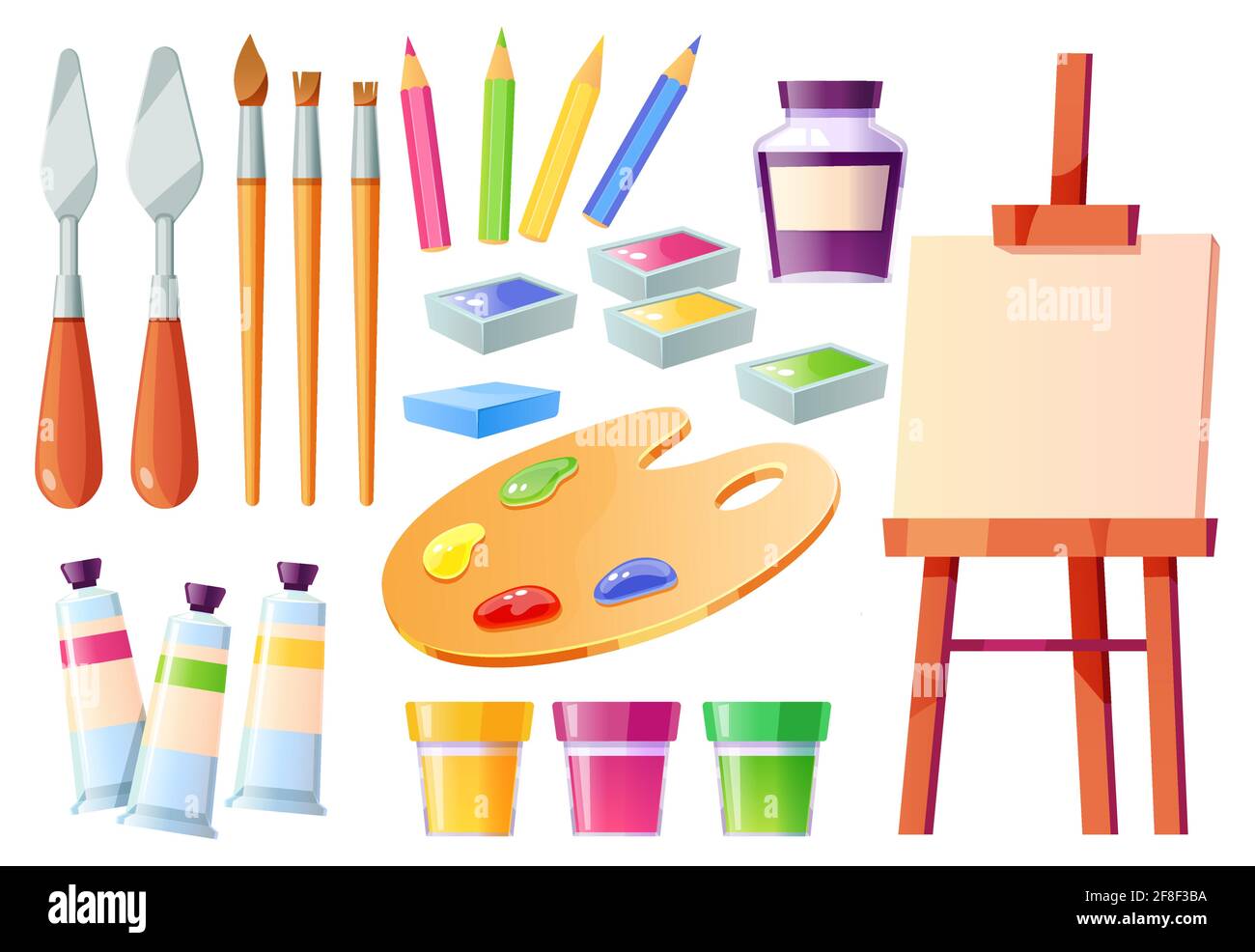 https://c8.alamy.com/comp/2F8F3BA/artist-tools-brushes-palette-easel-and-paints-creative-painter-equipment-for-craft-and-drawing-vector-cartoon-set-of-watercolor-acrylic-and-gouache-palette-knife-white-canvas-and-pencils-2F8F3BA.jpg