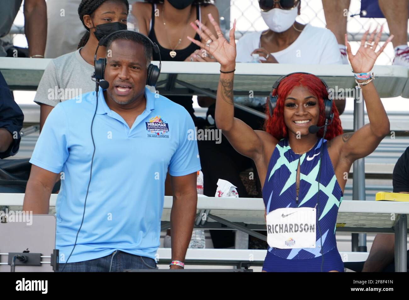 Sha'Carri Richardson (USA), right, is interviewed by NBC Sports broadcasters Ato Boldon after winning the women's 100m in 10.72  during the Miramar In Stock Photo
