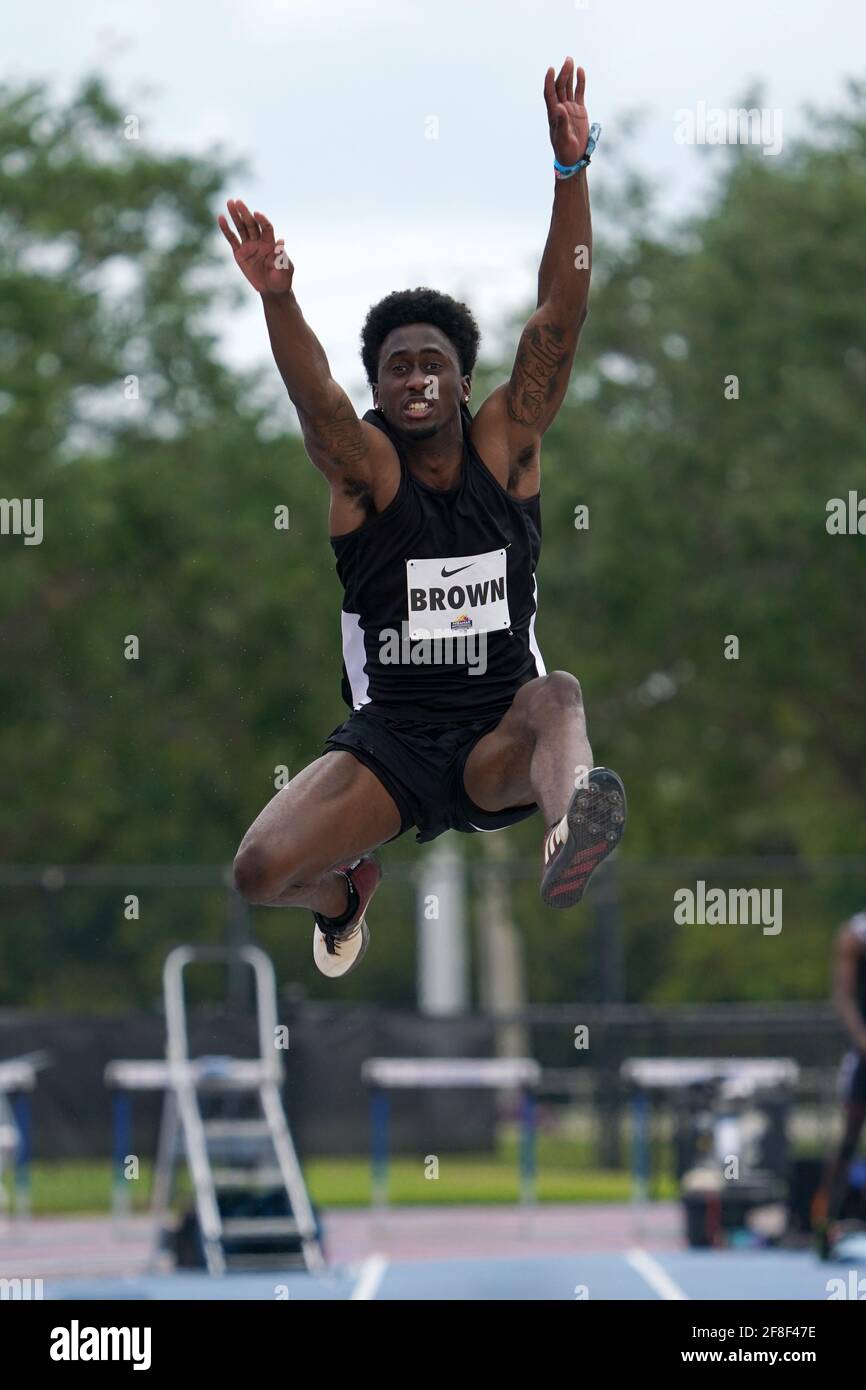 Charles Brown (USA) places sixth in the long jump at 26-1 1/2 (7.96m) during the Miramar Invitational, Saturday, April 10, 2021, in Miramar, Fla. Stock Photo