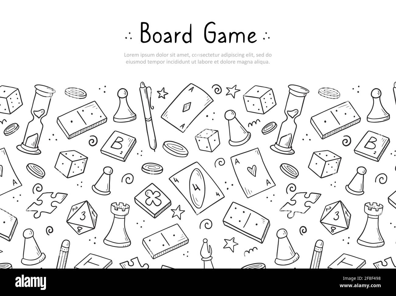 Hand drawn website banner template with of board game element. Doodle sketch style. Vector illustration for board game shop, store background, game competition banner, frame Stock Vector