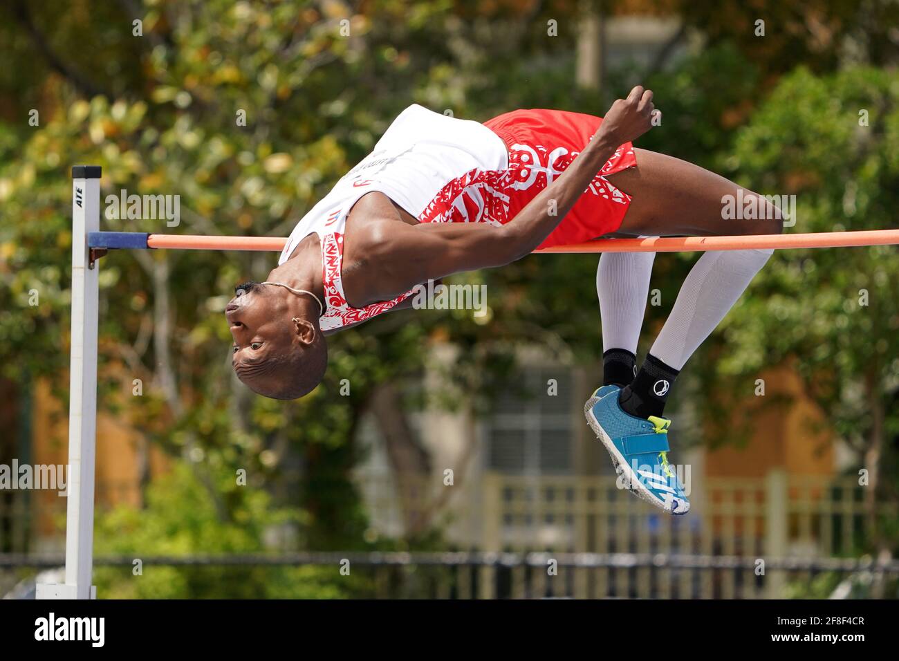 Luis Castro (PUR) places fourth in the high jump at 7-2 1/2 (2.15m) during the Miramar Invitational, Saturday, April 10, 2021, in Miramar, Fla. Stock Photo