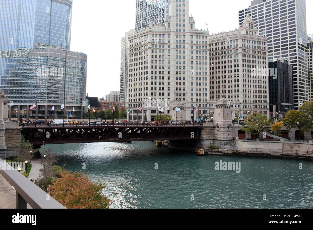 Chicago on the Chicago River in the background the DuSable Bridge Stock Photo