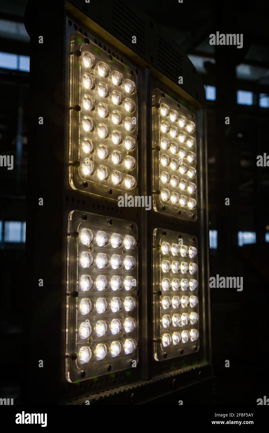 LED light panel for street illumination. Light ON. Dark background. Aktau, Kazakhstan. RIG Ltd Stock Photo