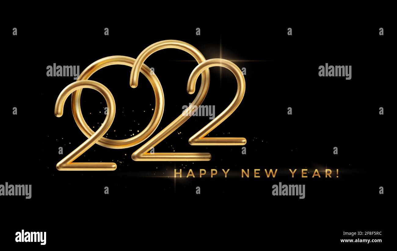 Realistic gold metal inscription 2022. Gold calligraphy New Year lettering on the black background. Design element for advertising poster, flyer Stock Vector