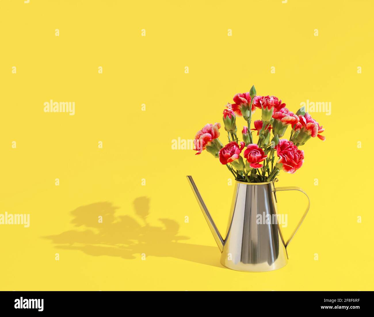 Creative summer concept made with watering pitcher and  colorful carnation flowers on pastel yellow background. Minimal nature concept. Stock Photo