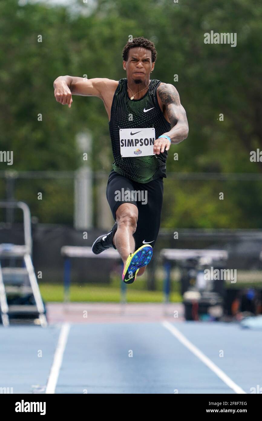 Damarcus Simpson (USA) places third in a wind-aided 26-5 (8.05m) during the Miramar Invitational, Saturday, April 10, 2021, in Miramar, Fla. Stock Photo