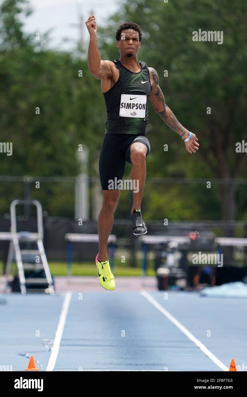Damarcus Simpson (USA) places third in a wind-aided 26-5 (8.05m) during the Miramar Invitational, Saturday, April 10, 2021, in Miramar, Fla. Stock Photo