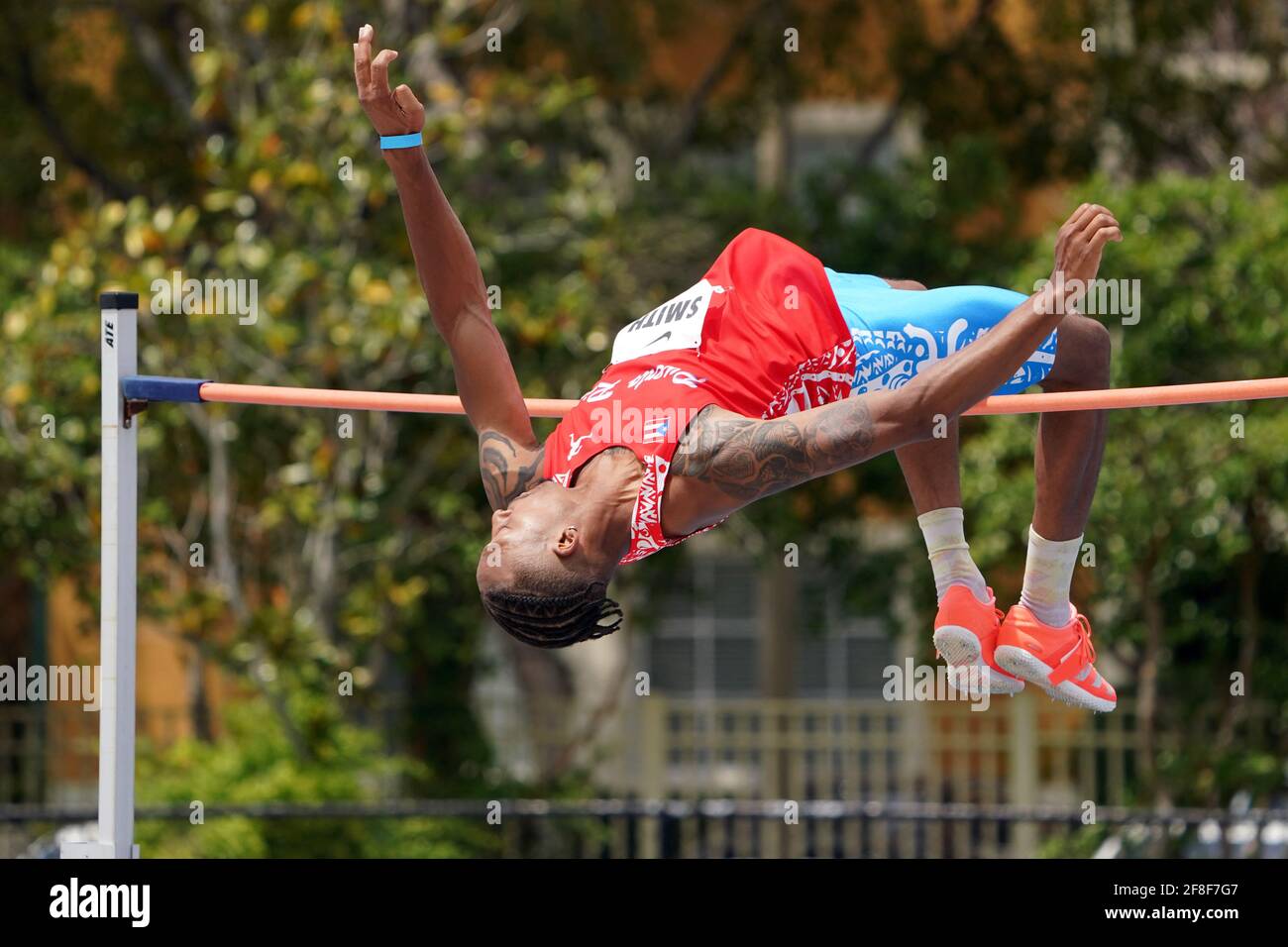 David Smith (PUR) places third in the high jump at 7-2 1/2 (2.20m) during the Miramar Invitational, Saturday, April 10, 2021, in Miramar, Fla. Stock Photo