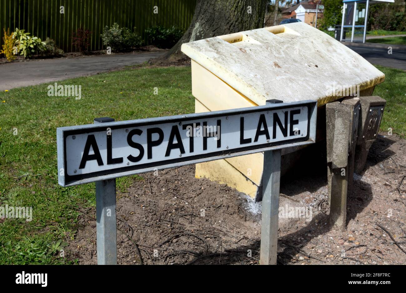 Alspath Lane sign and road grit bin, Eastern Green, Coventry, West Midlands, England, UK Stock Photo