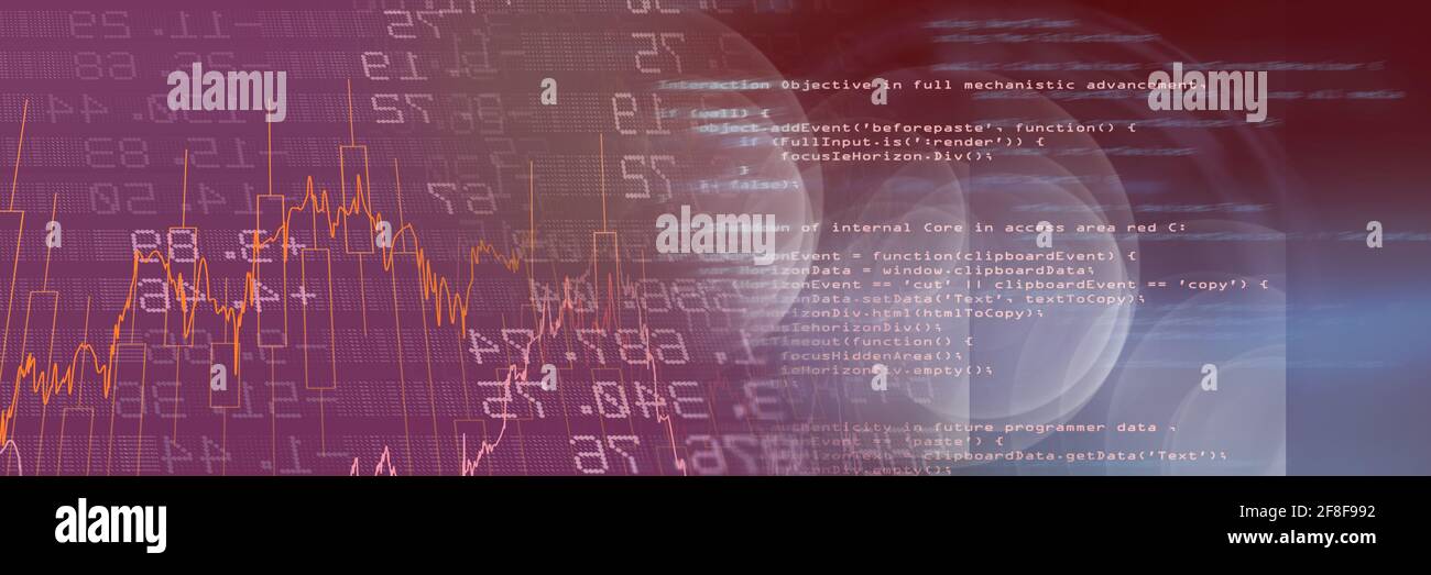 Financial data and computer code against gradient background, finance and programming concept Stock Photo