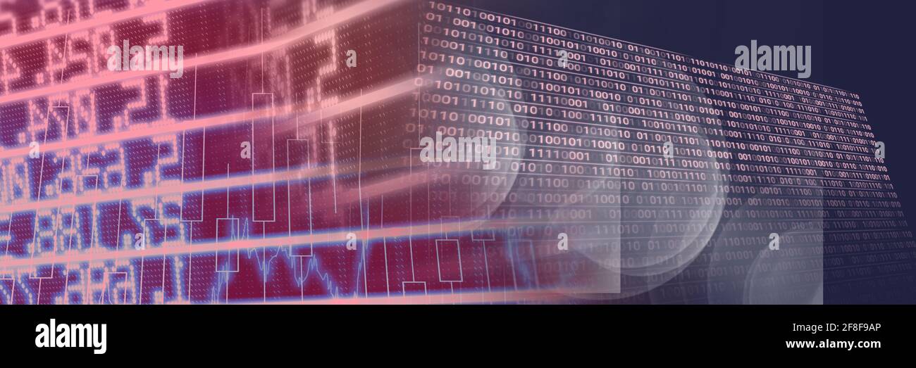 Financial data and computer code against gradient background, finance ...