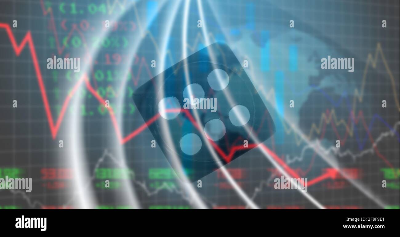 Financial data and graphs over dice against earth, finance and economy concept Stock Photo