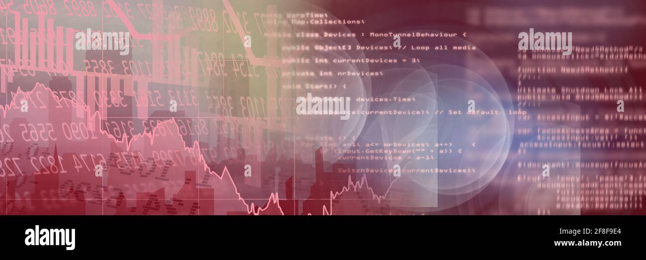 Financial data and computer code against city landscape, finance and ...