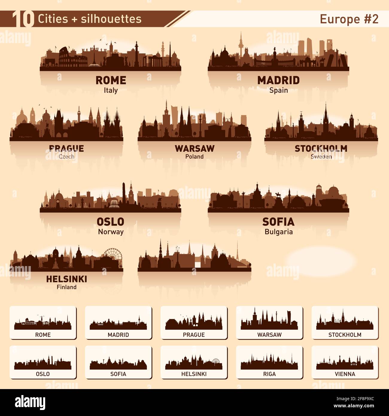 City skyline set. Europe #2. Vector silhouette background illustration. Stock Vector