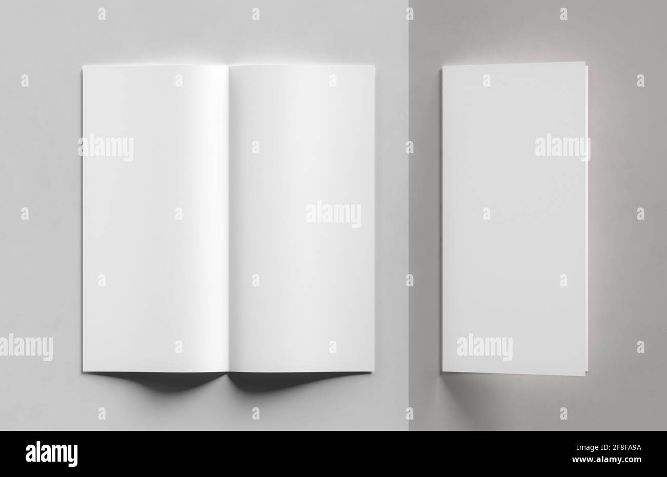 Bi-fold brochure mock up isolated on white background. 3D illustration. Stock Photo
