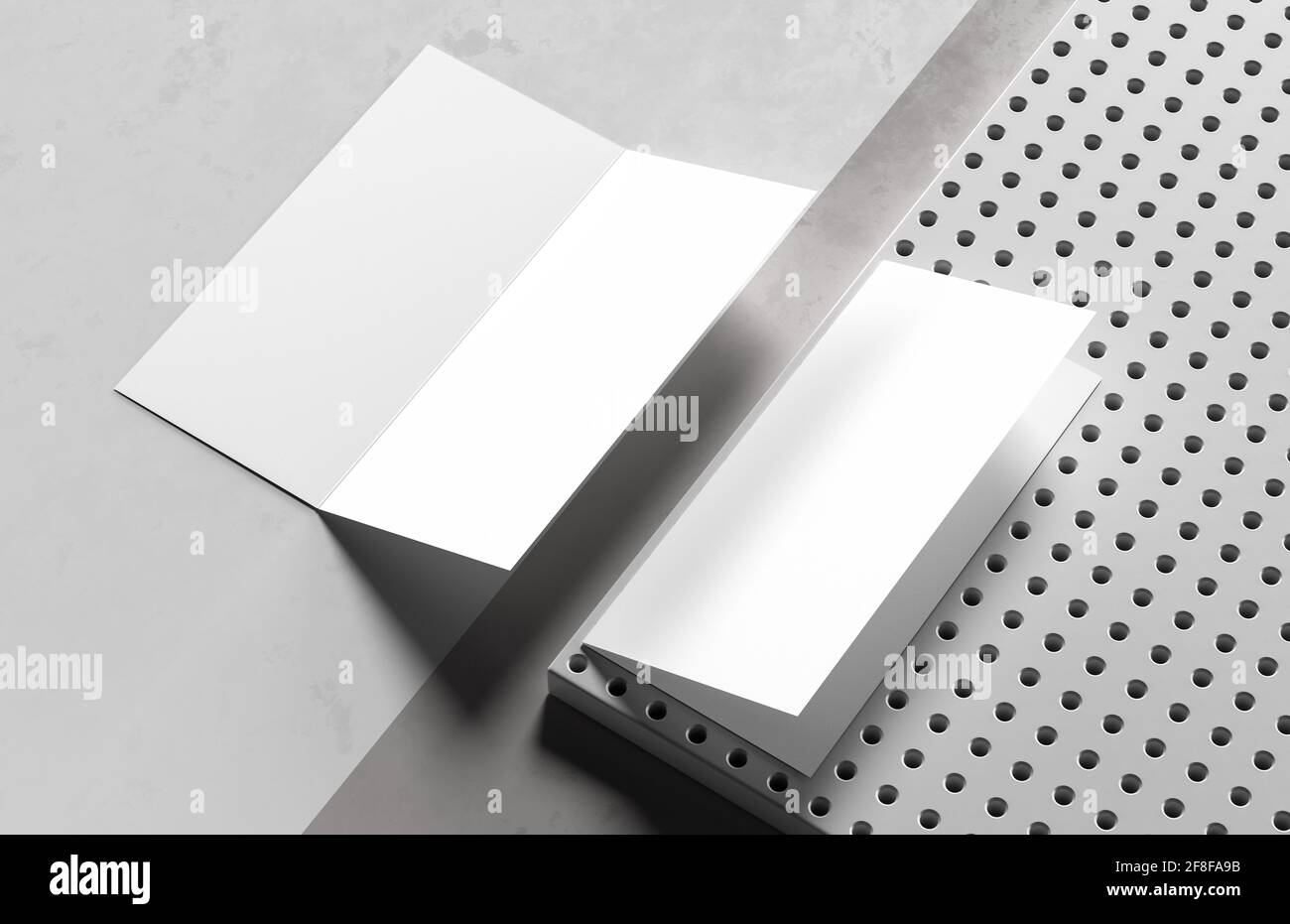 Bi-fold brochure mock up isolated on white background. 3D illustration. Stock Photo