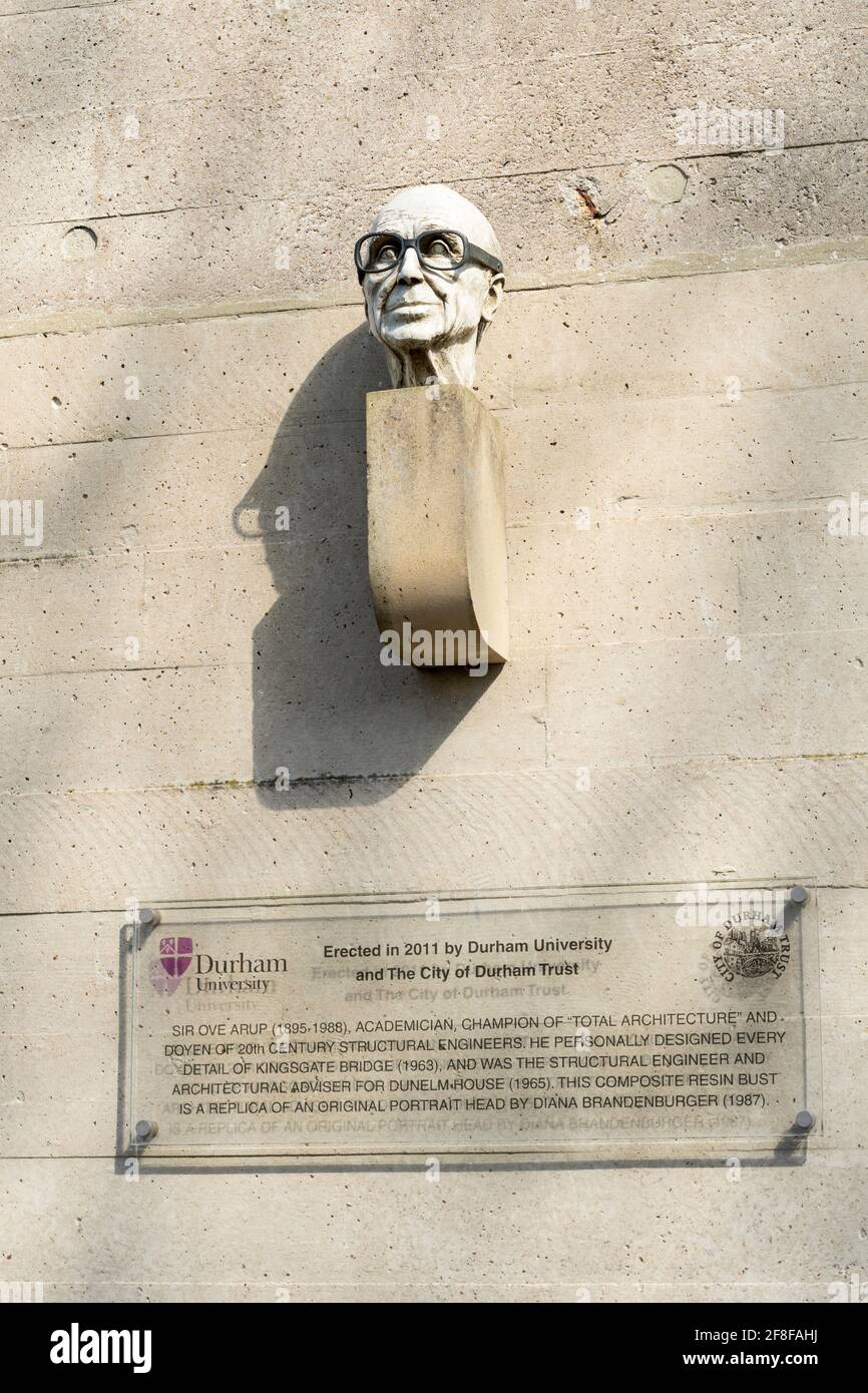 Commemorative bust of engineer Sir Ove Arup adjacent to Kingsgate Bridge in Durham city, England, UK Stock Photo