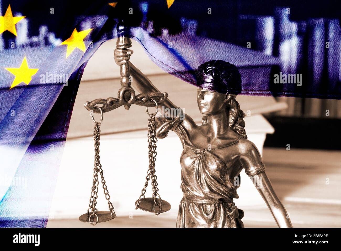 Flag of EU and figure of Lady Justice Stock Photo