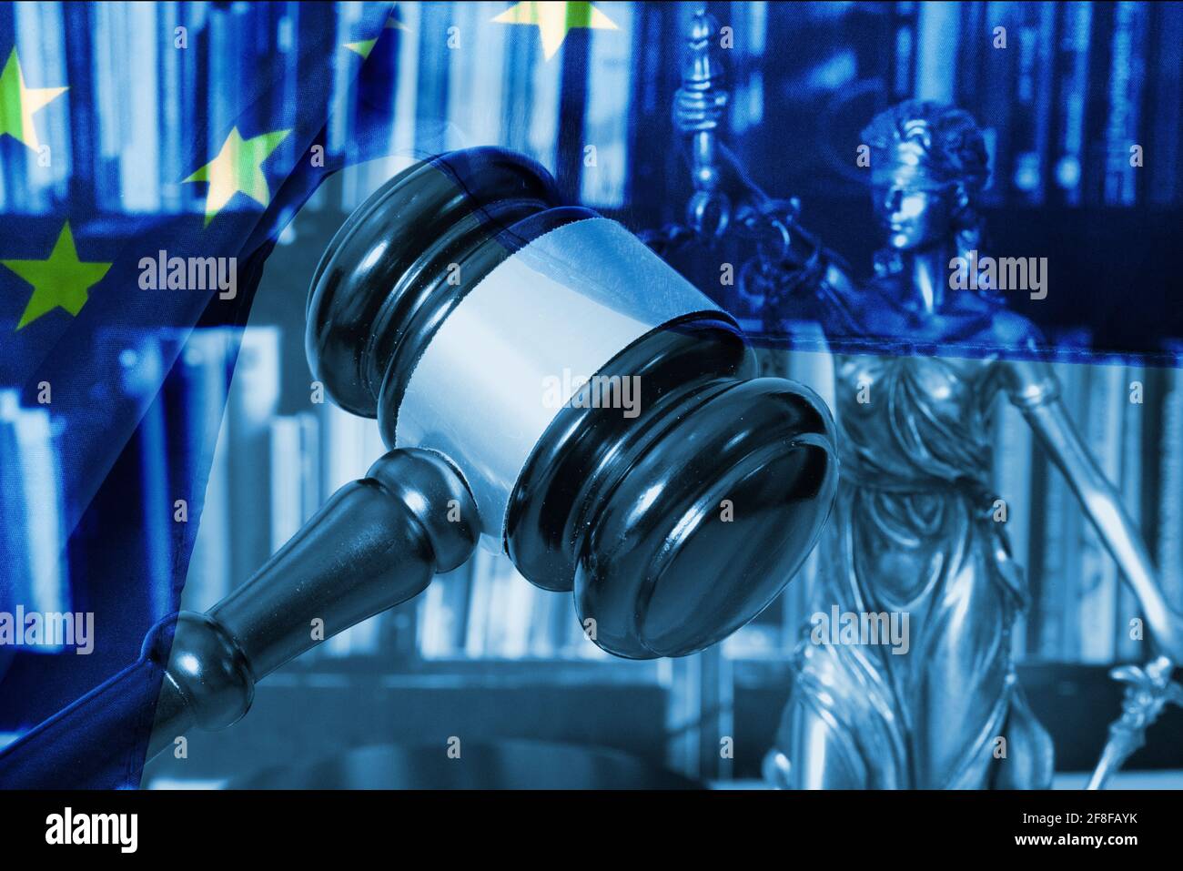 Flag of EU and figure of Lady Justice Stock Photo