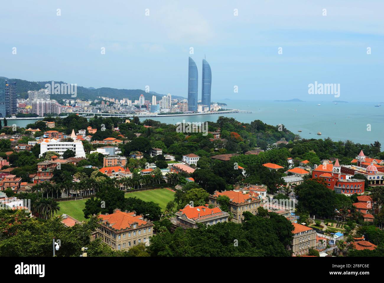 The Shimao cross-strait plaza as seen from Gulangyu islet in Xiamen. Stock Photo