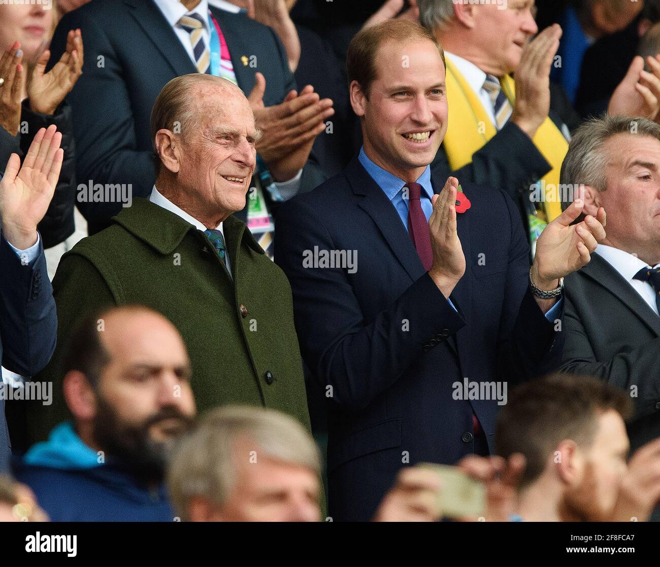 Prince Phillip The Duke Of Edinburgh and Prince William watching the Rugby World Cup Final at Twickenham 2015. Picture : Mark Pain Stock Photo