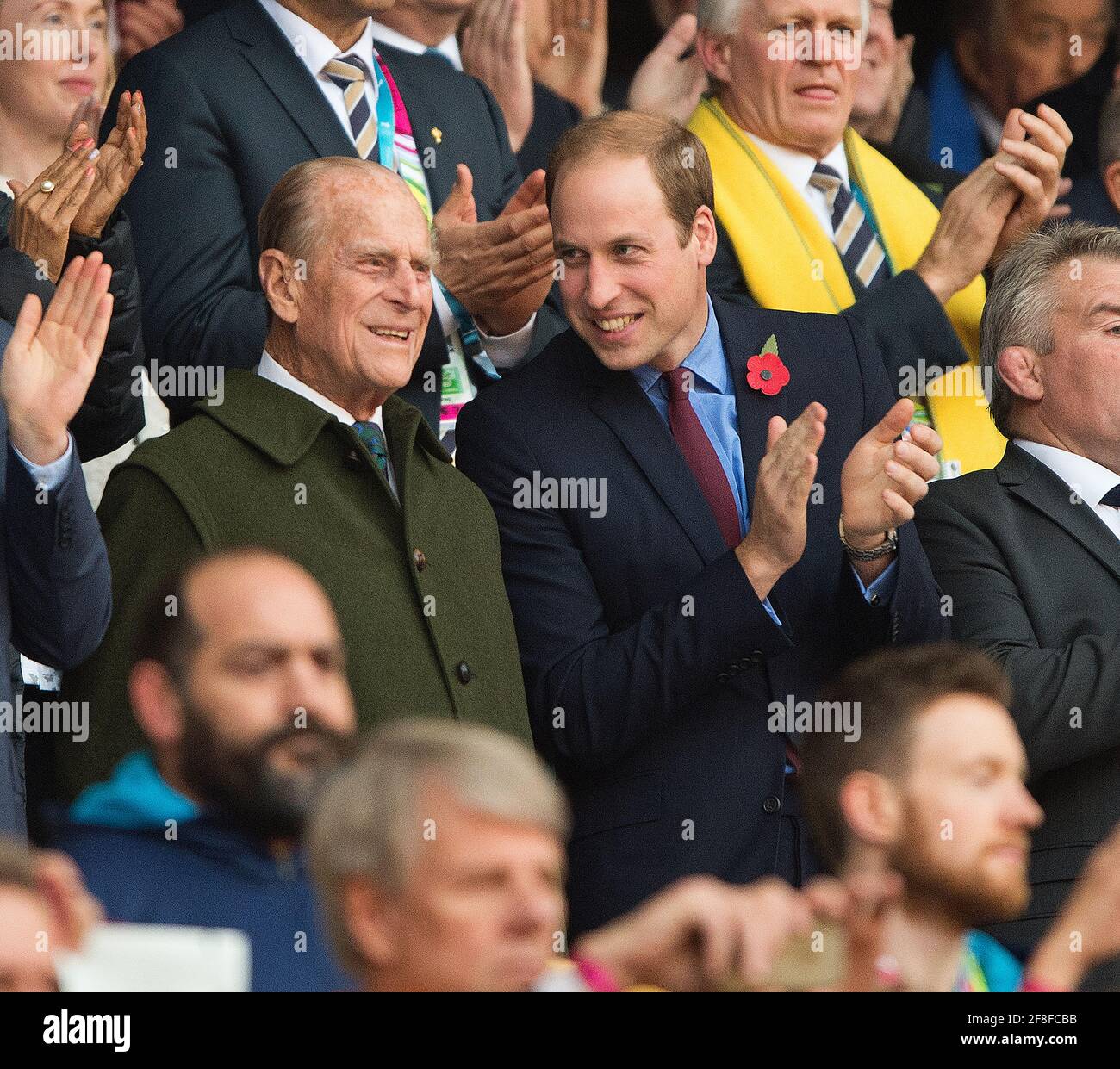 Prince Phillip The Duke Of Edinburgh and Prince William watching the Rugby World Cup Final at Twickenham 2015. Picture : Mark Pain Stock Photo