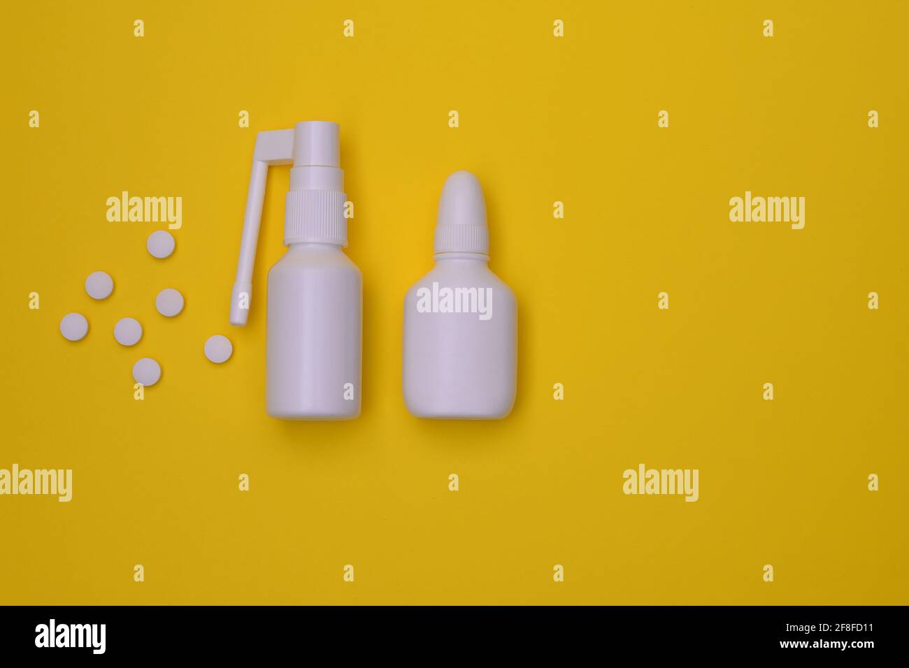 Flat lay nasal spray and throat spray, tablets. mock up Stock Photo
