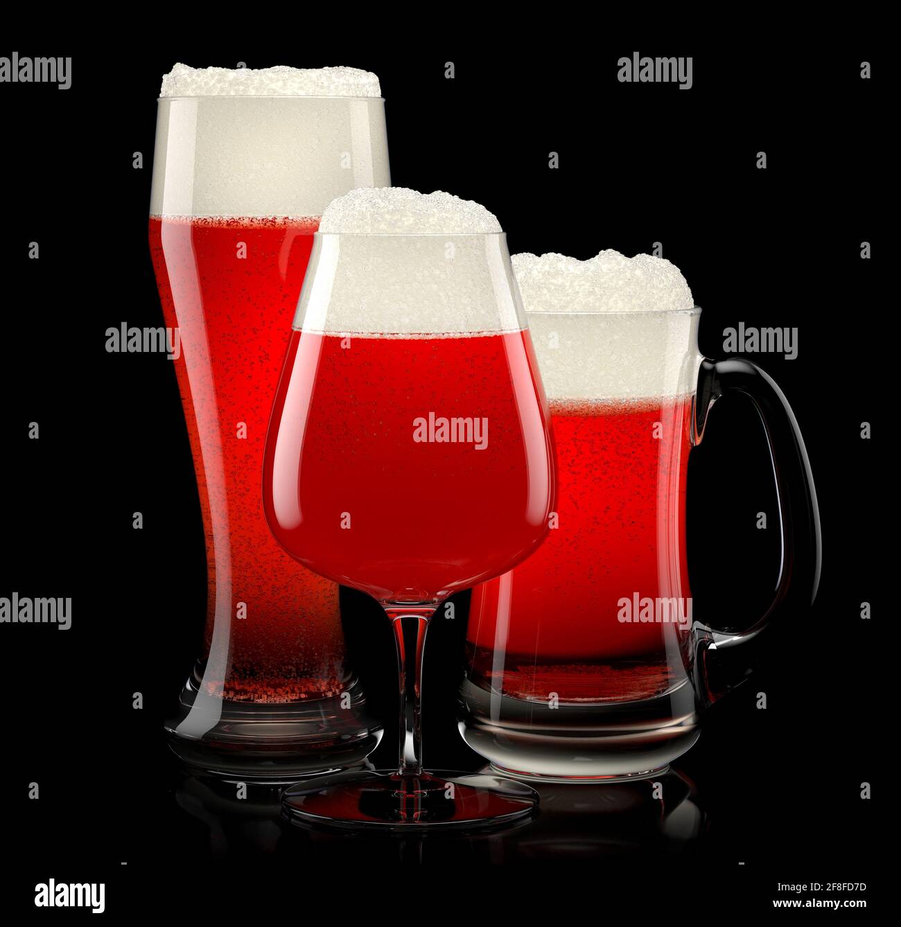 Set of fresh draft beer glasses with bubble froth isolated on black