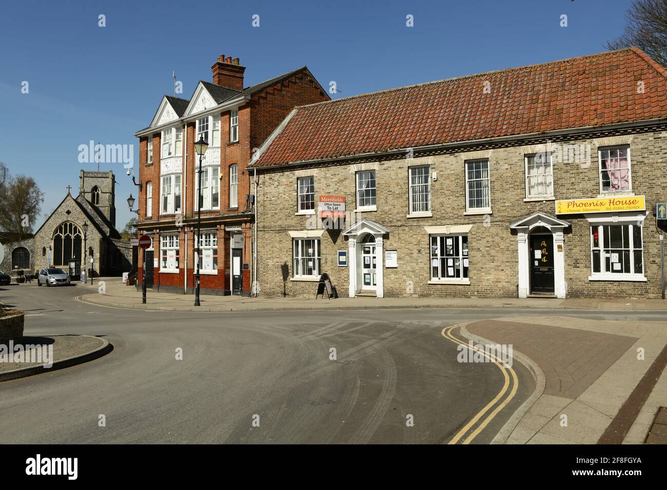 Post Office, shops and St Cuthberts church viewed from Market Place, Thetford Stock Photo Alamy