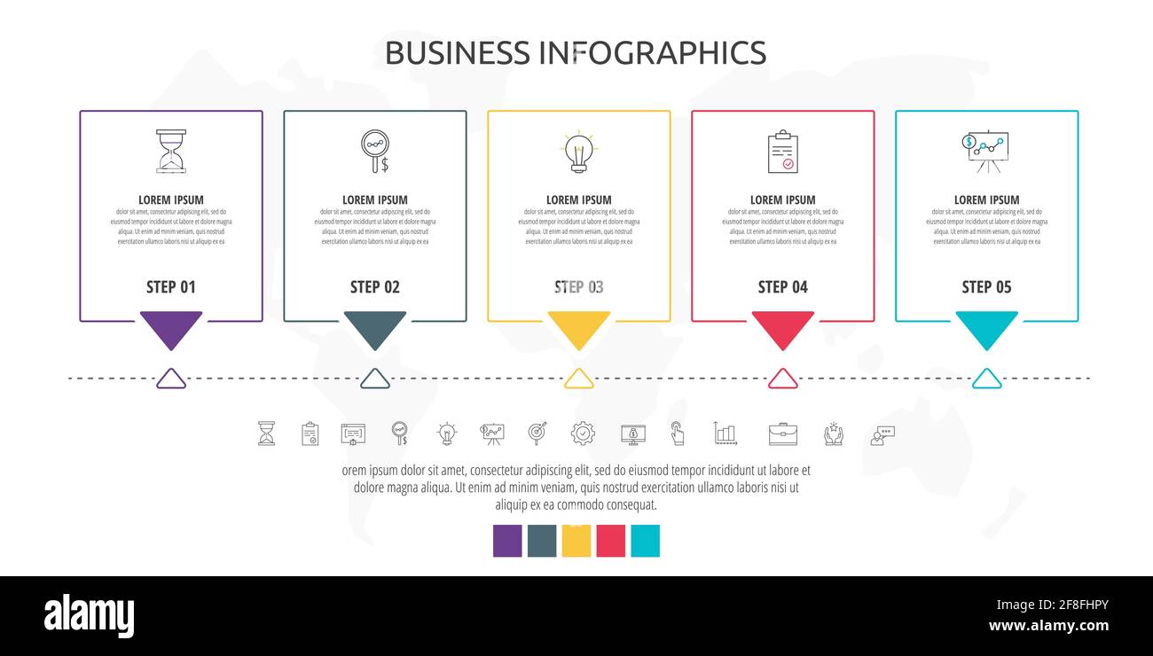Line cards with five steps, arrows. Rectangular infographic. Frames timeline data vector template. Minimal design for diagram, web, banner, workflow Stock Vector