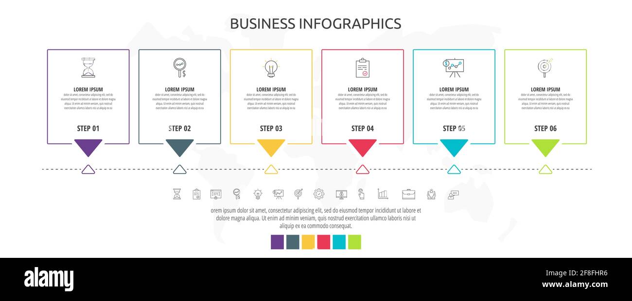 Line cards with six steps, arrows. Rectangular infographic. Frames ...