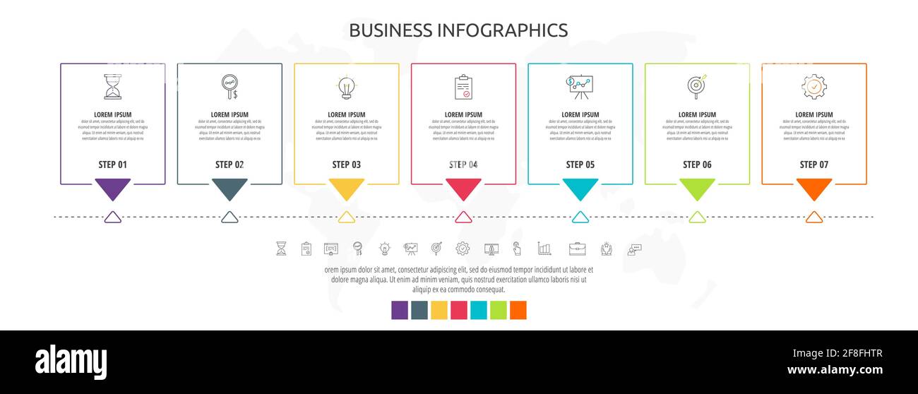Line cards with 7 steps, arrows. Rectangular infographic. Frames ...