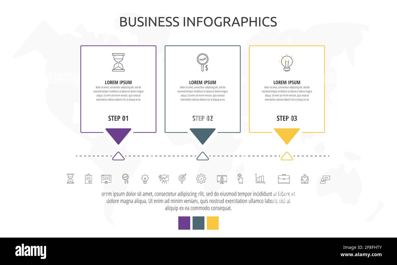 Line cards with three steps, arrows. Rectangular infographic. Frames timeline data vector template. Minimal design for diagram, business, web, banner Stock Vector