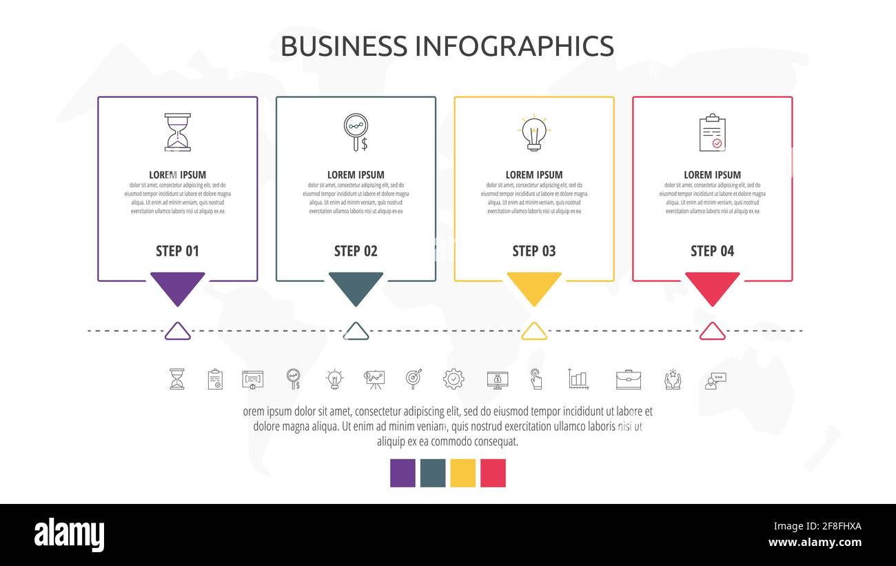 Line cards with four steps, arrows. Rectangular infographic. Frames timeline data vector template. Minimal design for diagram, business, web, banner Stock Vector