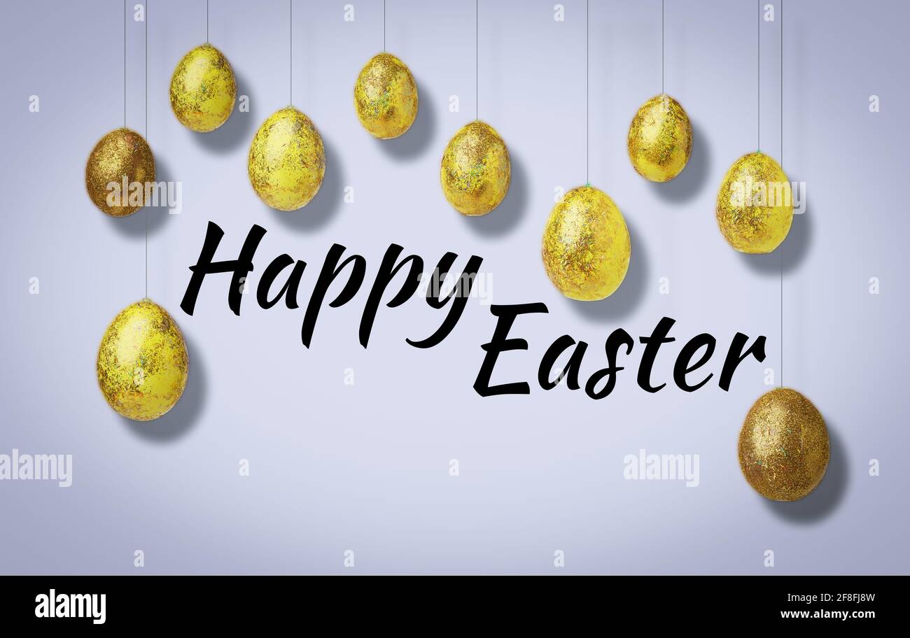 Golden shiny eggs and text - Happy Easter. Easter concept Stock Photo