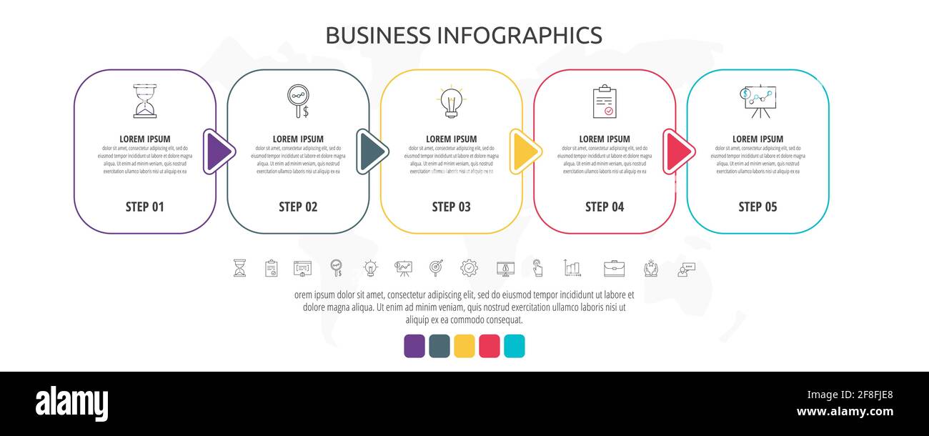 Line cards with five steps, arrows. Rectangular infographic. Frames timeline data vector template. Minimal design for diagram, web, banner, workflow Stock Vector