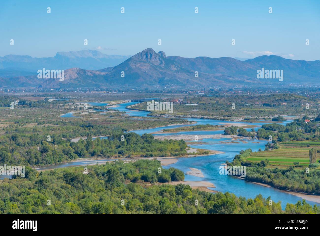 Meanders of Drin river in Albania Stock Photo