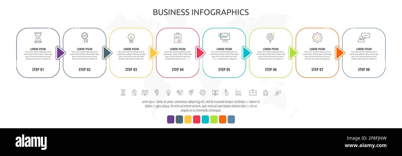 Line cards with eight steps, arrows. Rectangular infographic. Frames timeline data vector template. Minimal design for diagram, business, web, banner Stock Vector