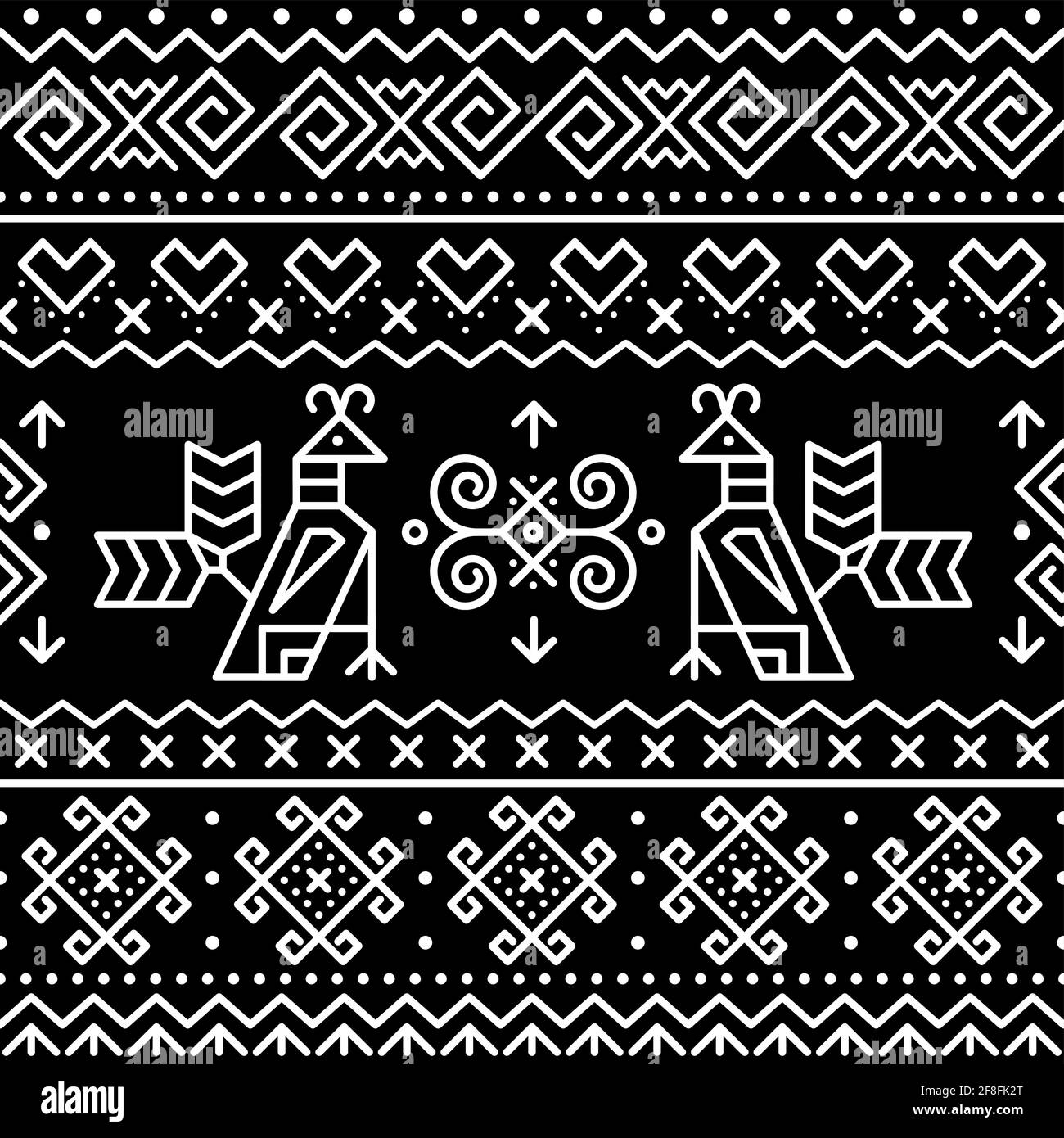 Slovak traditional folk art vector seamless geometric pattern with brids swirls, zig-zag shapes inspired by traditional painted art from Cicmany Stock Vector