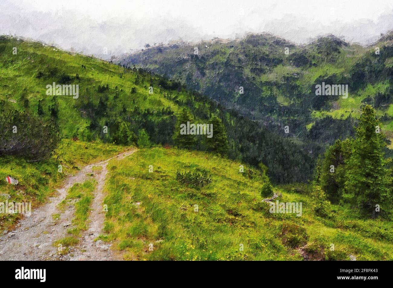 Oil painting canvas of High Tauern hiking path within Zillertal Alps in Austria. Stock Photo
