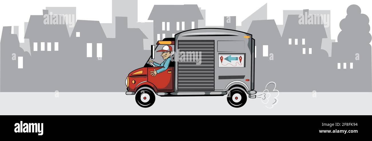 Young man driving a truck and delivering packages all over the city. Stock Vector