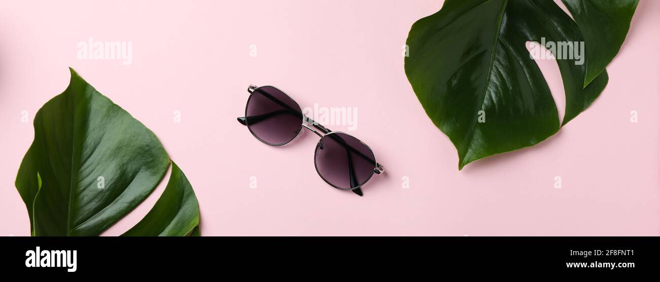 Palm leaves and sunglasses on pink background Stock Photo - Alamy